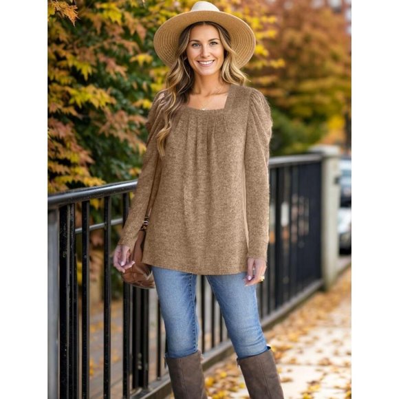 Womens Lightweight Puff Sleeve Pleated Square Neck Tunic Sweaters Shirts - Picture 2 of 5